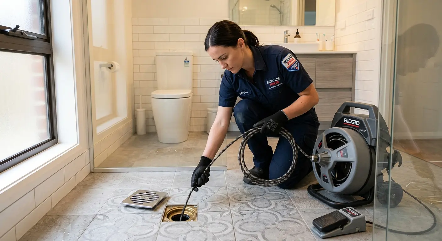 Technician clearing a bathroom floor drain for Clogged Drain Repair in Shelton
